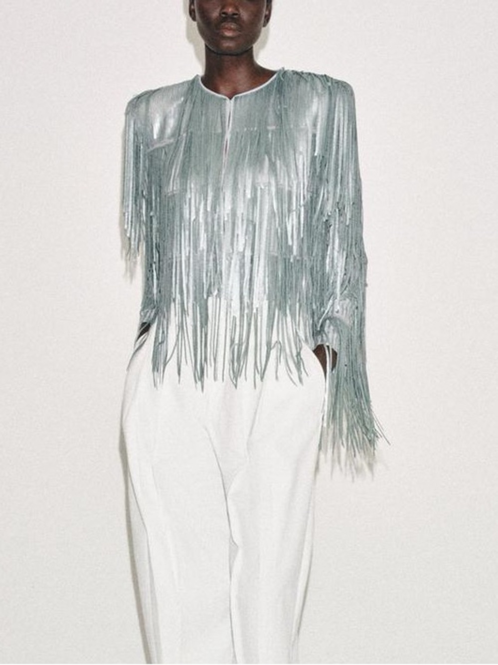 Zara ZW Collection Fringed Sequin Jacket in Silver-Stone - Picture 2 of 14